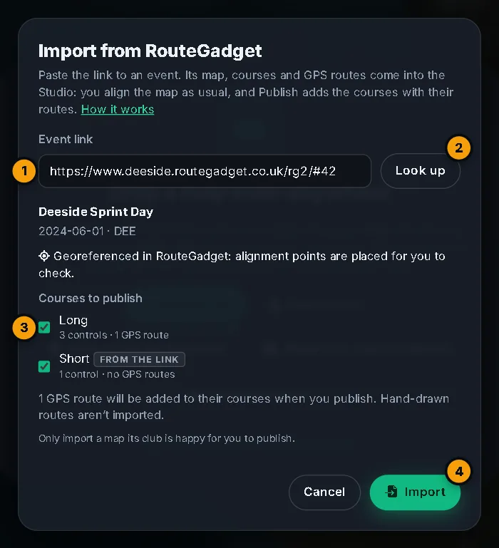 The RouteGadget import dialog