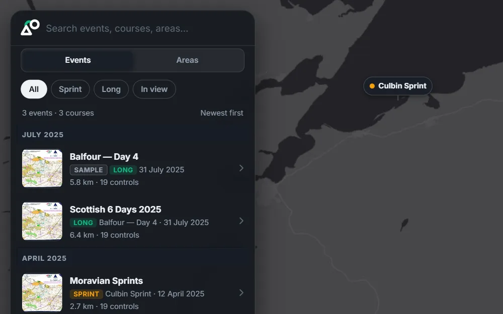 The oSplit map with a list of courses beside it