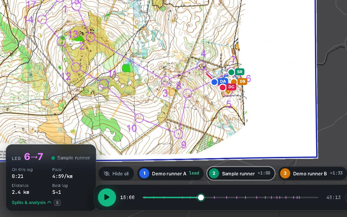 Four runners on the orienteering map with the playback bar below