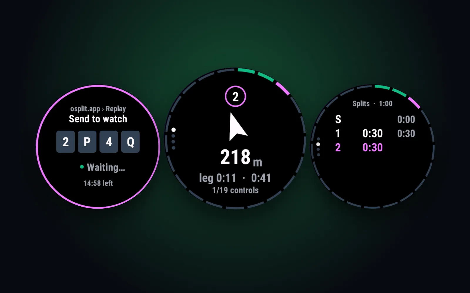 Three screens of the oSplit watch app: the pairing code, navigation to the next control and the splits